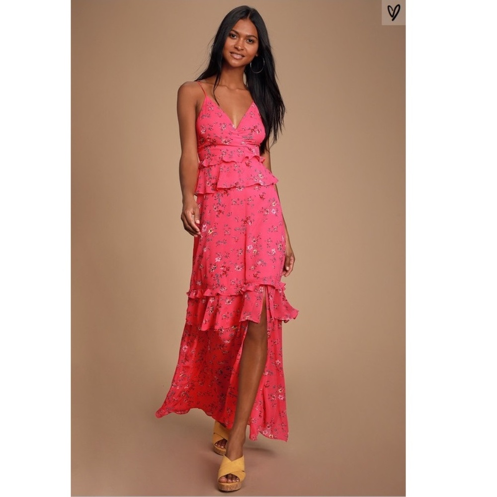 Lulu's Fuschia Floral Print Ruffled Maxi Dress